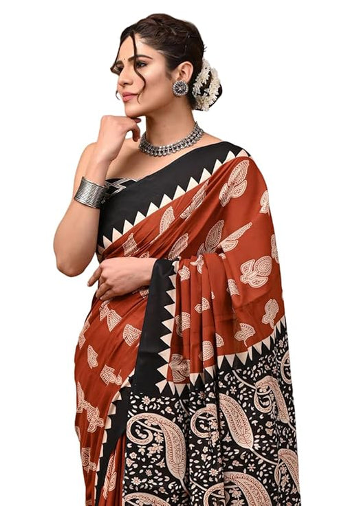 Crafts Moda Hand Block Ajrakh Print Cotton Saree For Women With Blouse
